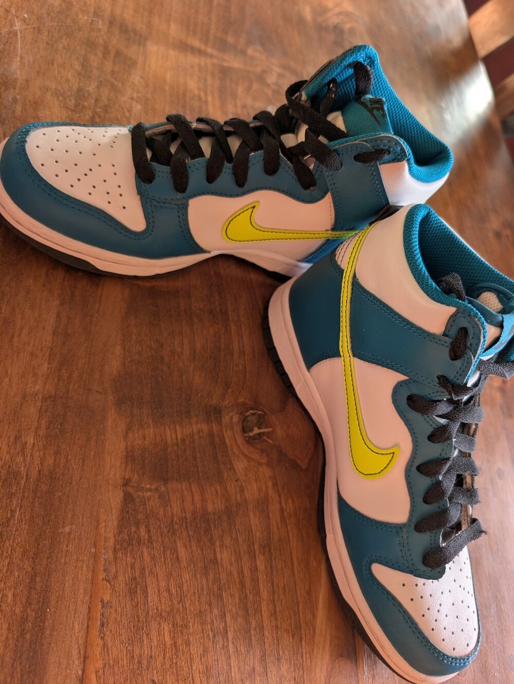 New Nike Kids Teal, White and Neon Yellow High-Top Sneakers